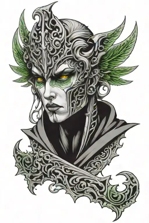 Samael with green eyes dissociate 3 times tattoo design idea