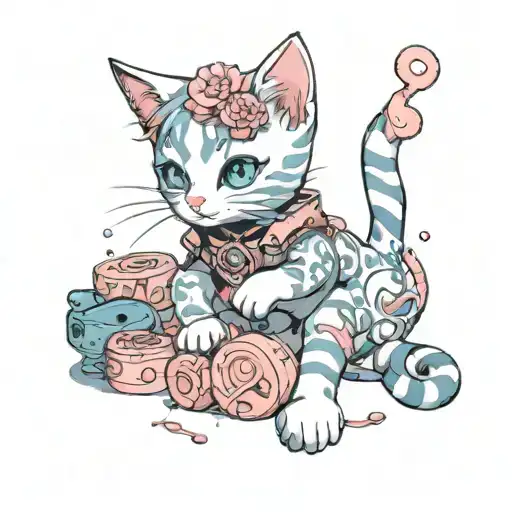 A cute kitten with pastel colors playing with bdsm themed toys tattoo design idea