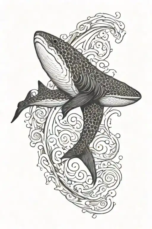 A blackwork tattoo of a wobbegong shark swimming through a wave, symbolizing strength and determination tattoo design idea