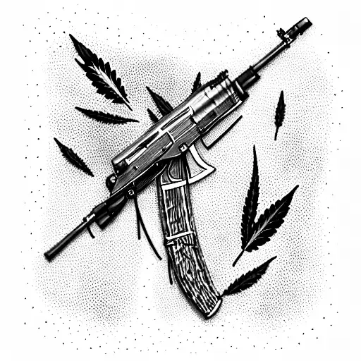 ak-47 tied with marijuana leaves tattoo design idea