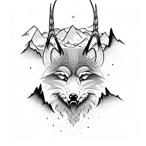 I want a mountain range with a river/waterfall, elk, wolves, and an eagle flying tattoo design idea