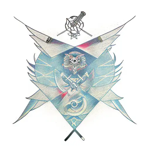 abstract root projections, symmetric wing shaped, with a katana in the centre tattoo design idea