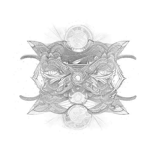 abstract root projections, symmetric wing shaped, with a katana in the centre tattoo design idea