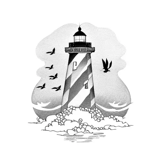 lighthouse at night with 2 birds flying away with roses in there mouth thunder and waves in the background  tattoo design idea