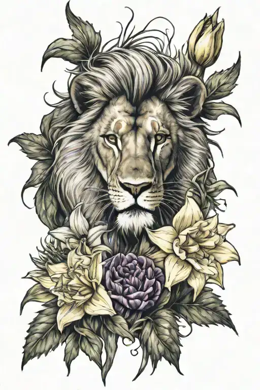 scarred lion daffodils and thistle flowers tattoo design idea