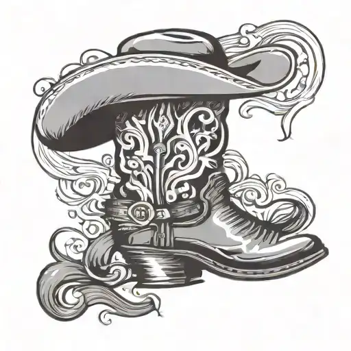 cowboy boot with grey cowboy hat resting on top of boot  tattoo design idea