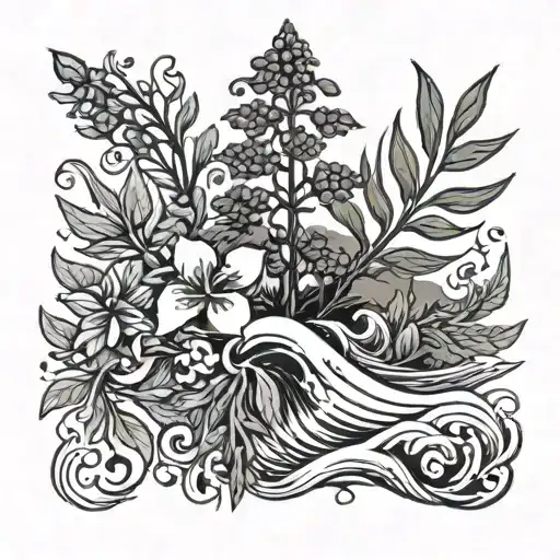 ocean wave, fireweed, lupine tattoo design idea