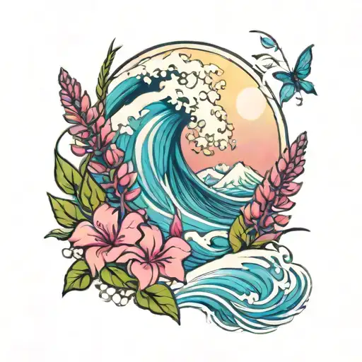 ocean wave, fireweed, lupine tattoo design idea