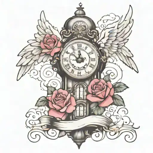 rose clock tower clouds angel wing tattoo design idea