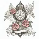 rose clock tower clouds angel wing tattoo design idea