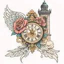rose clock tower clouds angel wing tattoo design idea