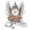 rose clock tower clouds angel wing tattoo design idea