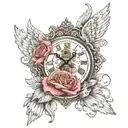 rose clock tower clouds angel wing tattoo design idea