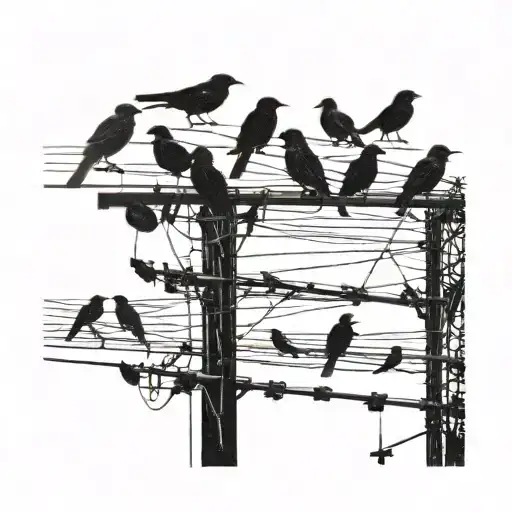 Black and white silhouette of birds on a telegraph pole and wire tattoo design idea
