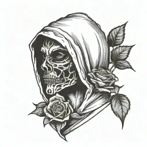 hooded face holding a rose in hand, half of the face is in shadow tattoo design idea