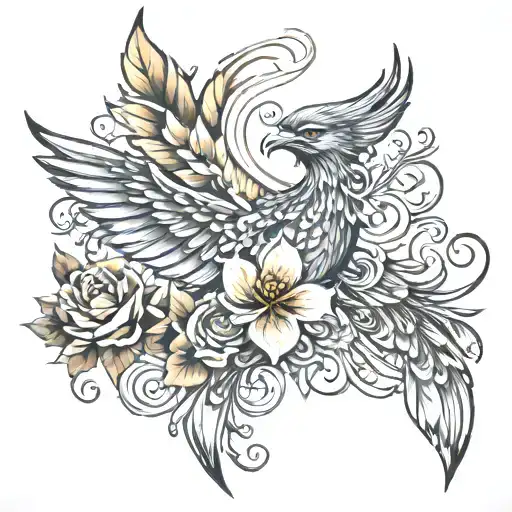 Phoenix with Floral Elements: Incorporate flowers like lotuses (symbolizing enlightenment and rebirth) or cherry blossom tattoo design idea