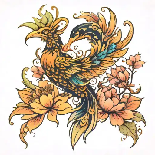 Phoenix with Floral Elements: Incorporate flowers like lotuses (symbolizing enlightenment and rebirth) or cherry blossom tattoo design idea