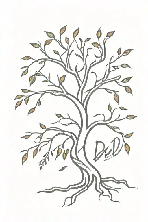 A minimalist design of a tree with roots that spell out 'Mom' and 'Dad', representing the client's strong family bond and support system tattoo design idea