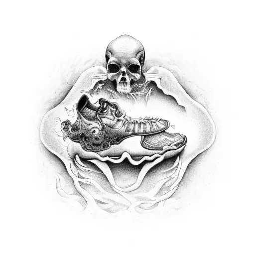 A young man being pulled into Hell by death to meet a fatal, fiery feet, that is being saved by young busty woman tattoo design idea