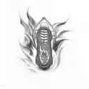 A young man being pulled into Hell by death to meet a fatal, fiery feet, that is being saved by young busty woman tattoo design idea