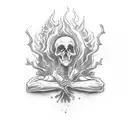 A young man being pulled into Hell by death to meet a fatal, fiery feet, that is being saved by young busty woman tattoo design idea