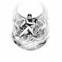 A young man being pulled into Hell by death to meet a fatal, fiery feet, that is being saved by young busty woman tattoo design idea