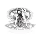 A young man being pulled into Hell by death to meet a fatal, fiery feet, that is being saved by young busty woman tattoo design idea