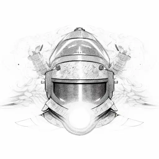 Burning fire engulfing riot police helmet wearing a wizard robe tattoo design idea