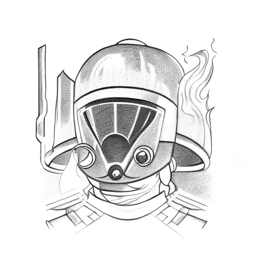 Burning fire engulfing riot police helmet tattoo design idea
