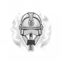 Burning fire engulfing riot police helmet wearing a wizard robe tattoo design idea