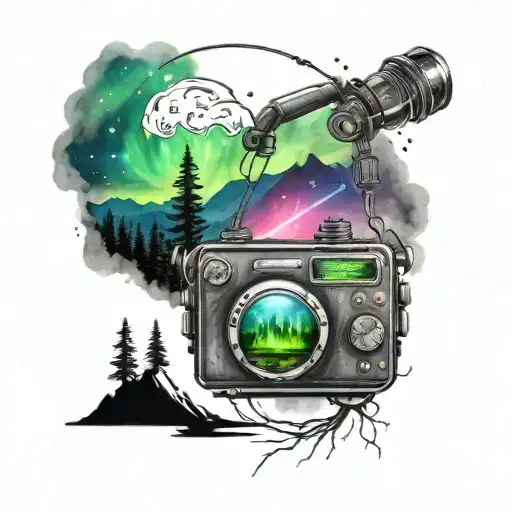 Combine elements of amateur radio equipment with a mountain landscape and northern lights tattoo design idea