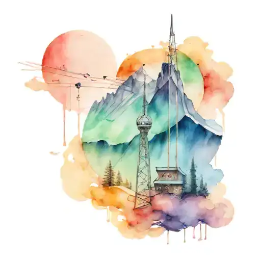 Combine elements of radio towers with a mountain landscape and northern lights tattoo design idea