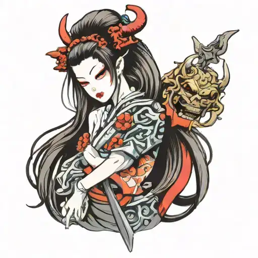 geisha long hair holding oni mask split in half tattoo design idea