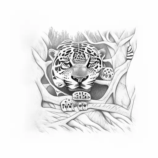 an Amazon rainforest scene with a jaguar in a tree tattoo design idea