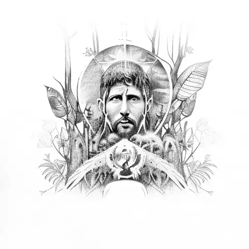 an Amazon rainforest scene with overgrowth on a Saint Francis of Assisi statue tattoo design idea