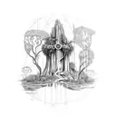 an Amazon rainforest scene with overgrowth on a Saint Francis of Assisi statue tattoo design idea