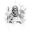 an Amazon rainforest scene with overgrowth on a Saint Francis of Assisi statue tattoo design idea