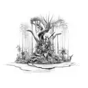 an Amazon rainforest scene with overgrowth on a Saint Francis of Assisi statue tattoo design idea