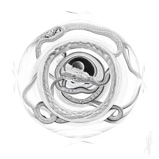 intertwining snakes in opposite directions (one red and one black) with a moon at the top and the sun at the bottom tattoo design idea