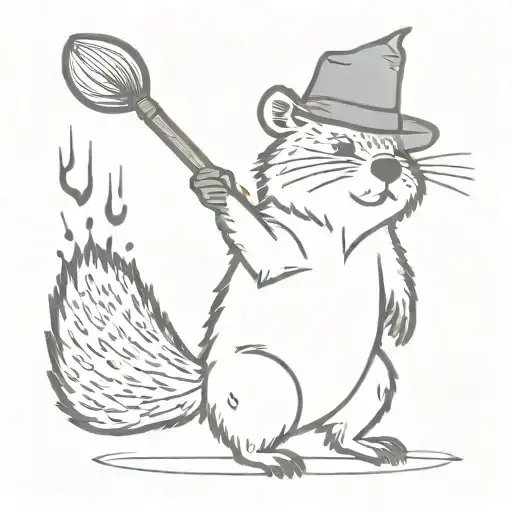 Quokka in a wizarding hat with a  wand casting a spell, tattoo design idea