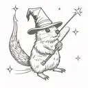Quokka in a wizarding hat with a  wand casting a spell, tattoo design idea