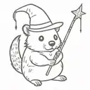 Quokka in a wizarding hat with a  wand casting a spell, tattoo design idea