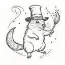 Quokka in a wizarding hat with a  wand casting a spell, tattoo design idea