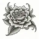 a flower with a sewing neede patch and thread weaving tattoo design idea