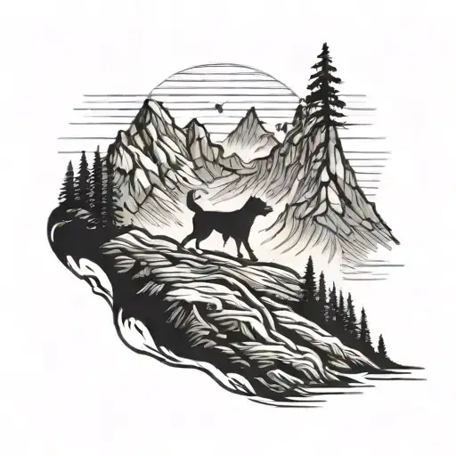 A trail winding through a mountain range with a silhouette of a dog running alongside, symbolizing your love for hiking and dogs tattoo design idea