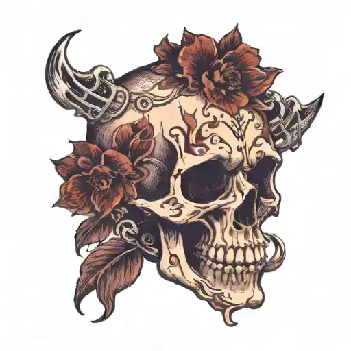 Copper and black Broken Skull missing jaw bone melting. Big dark Red Ruby gemstone in the eyesocket, dark purple flowers tattoo design idea