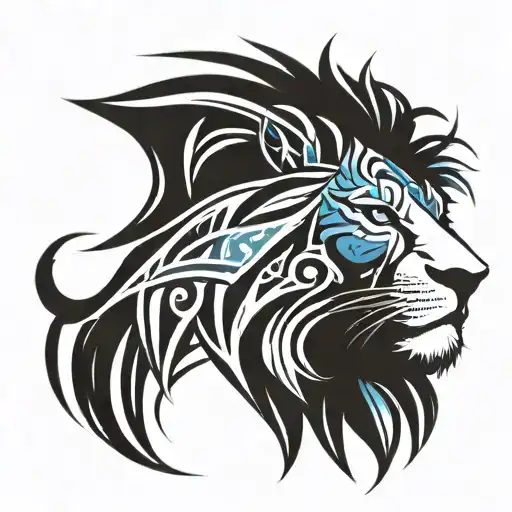 tribal lion head with blue eyes and sward pointing down tattoo design idea