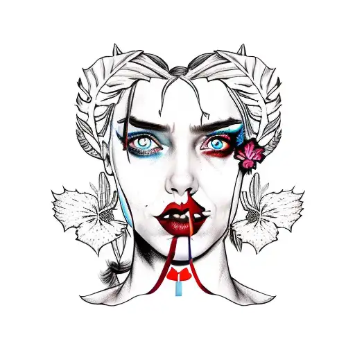 Harley Quinn with Hibiscus and Monstera tattoo design idea