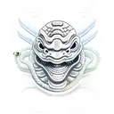 japanese oni mask with a snake going through the eyes tattoo design idea