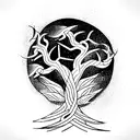 Yggdrasil tree with nordic dragon flying above and nordic wolf howling below and laurel wrapping around the tree tattoo design idea